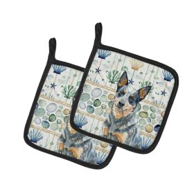 Blue Heeler Australian Cattle Dog Coastal Sea Glass Pair of Pot Holders Pair 7.5x7.5 Quilted Insulated Hot Pads Decorative Kitchen Gift Made in U