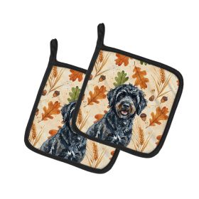 Black Portuguese Water Dog Heirloom Fall Pair of Pot Holders Pair 7.5x7.5 Quilted Insulated Hot Pads Decorative Kitchen Gift Made in USA