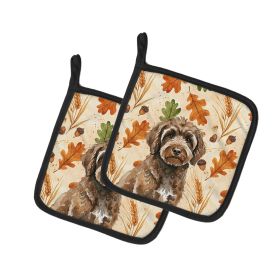 Brown Portuguese Water Dog Heirloom Fall Pair of Pot Holders Pair 7.5x7.5 Quilted Insulated Hot Pads Decorative Kitchen Gift Made in USA