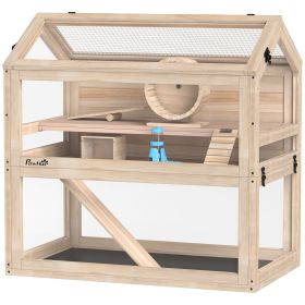 Wooden Hamster Cage, 3-Tier Small Animal Cage with Hut, Seesaw, Ramps, Exercise Wheel, Acrylic Panel and Bottom Tray