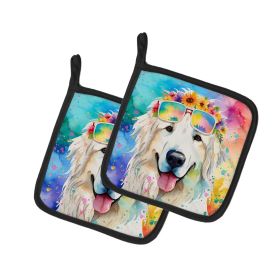 Great Pyrenees Hippie Dawg Pair of Pot Holders Kitchen Heat Resistant Pot Holders Sets Oven Hot Pads for Cooking Baking BBQ, 7 1/2 x 7 1/2