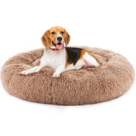 24 Inch Anti-Slip Round Fluffy Plush Faux Fur Cat Bed, Fits Up To 25 Lbs Pets (Option: Brown S)
